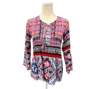 Kyla Seo Popover Top XS Colorful Rayon 3/4 sleeve Pleats Tassell Boho Chic